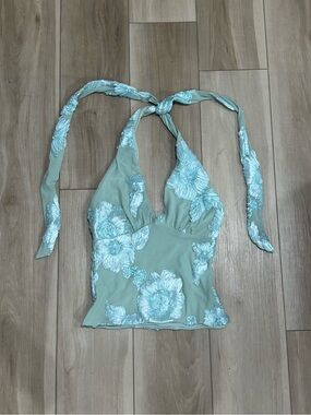 Floral Embroidered Halter Camisole in Sage Green